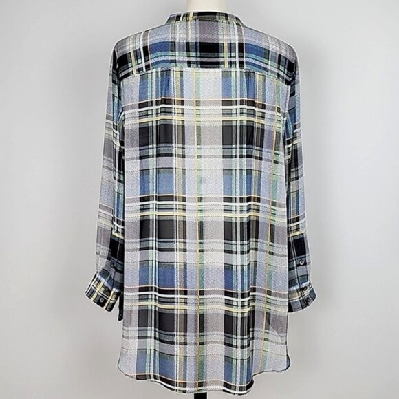 Vince Camuto Women's Semi Sheer Blue White Plaid Long Sleeves Blouse Size XL - Picture 2 of 12